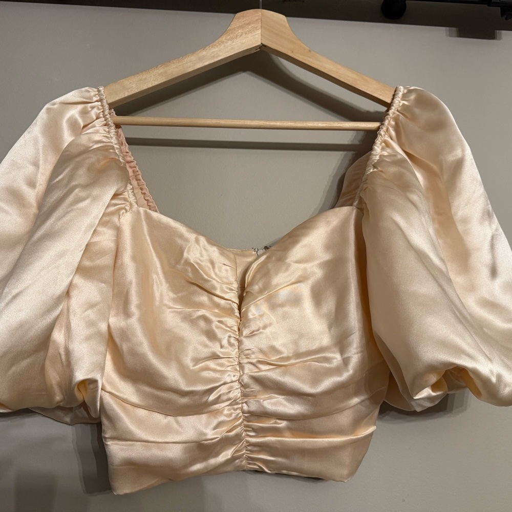 Amanda Uprichard peach Satin Blouse with Puff Sleeves